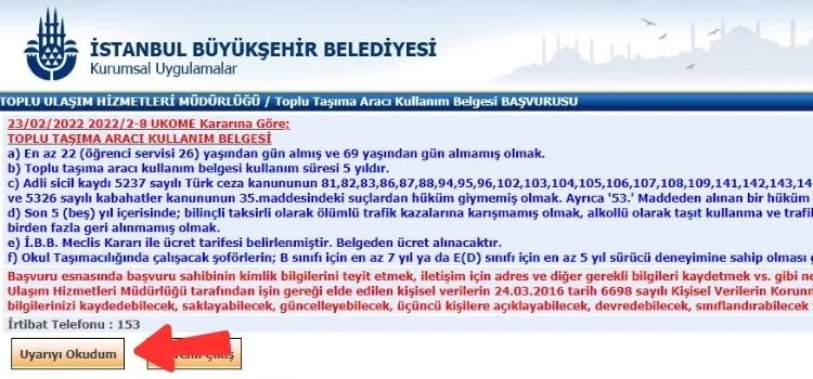 UKOME kararına göre şoför kartı başvuru şartları uyarı ekranı