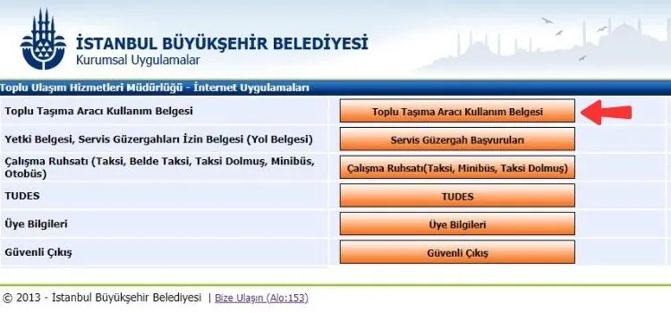 e-TUHİM menüsünde Toplu Taşıma Aracı Kullanım Belgesi seçimi