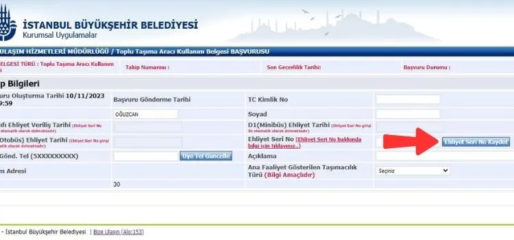 Ehliyet seri numarasının girilip kaydedildiği alan