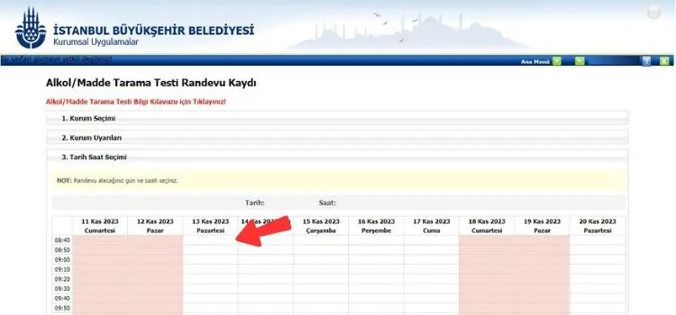 Tarama testi randevu takvimi, boş ve kapalı saatler