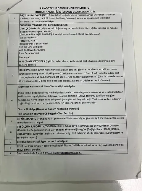 Psiko-Teknik Değerlendirme Merkezi Ruhsatnamesi İçin İstenen Belgeler - sayfa 1