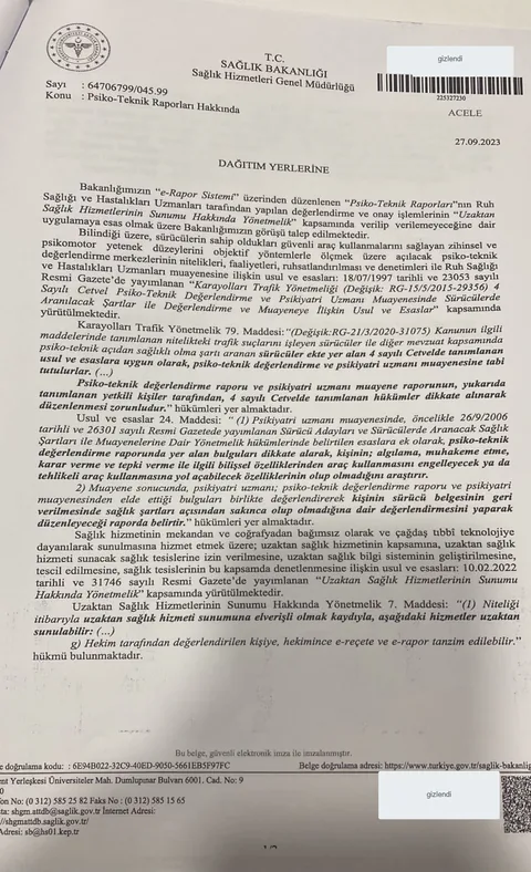Psiko-Teknik Raporlarının Uzaktan Sağlık Hizmeti ile Onaylanamayacağına Dair Yazı - sayfa 1