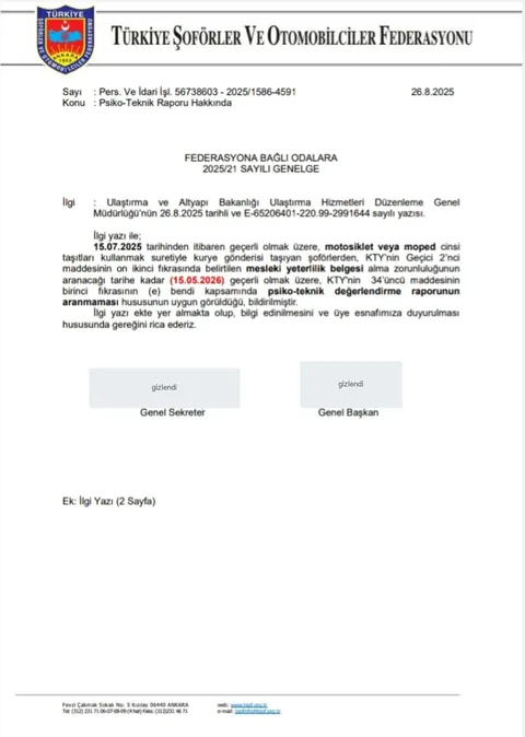 TŞOF 2025/21 Sayılı Genelge, Moto Kuryelerde Psiko-Teknik Raporu - sayfa 1