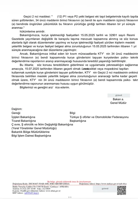 Moto Kuryelerden Psiko-Teknik Raporu Geçici Olarak Aranmamasına Dair Yazı - sayfa 2